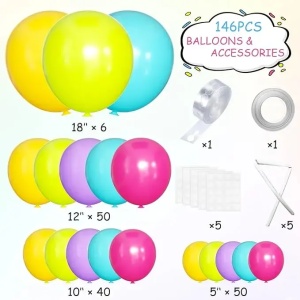Tabel detaliat cu piesele dezumflate incluse intr-un set arcada baloane aniversare Tropical Neon, aratand cantitatile si culorile exacte.