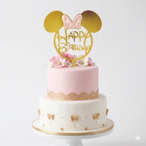 Topper Tort Minnie Mouse Auriu Cu Fundiță Roz Happy Birthday TOP142 - Img 2