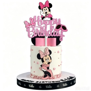Topper Tort Minnie Mouse Happy Birthday Roz cu Sclipici TOP213