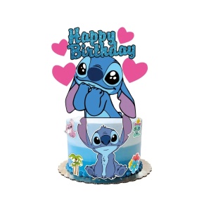 Topper Tort Stitch Happy Birthday Albastru Glitter si Inimi Roz TOP175