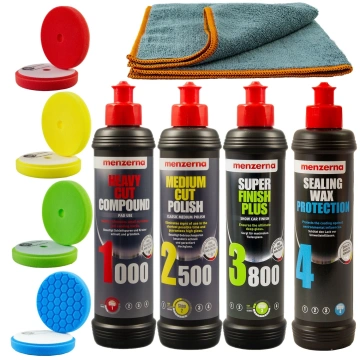Set Polish Auto Profesional Menzerna – 4 Pași (Paste Abrazive, Bureți Dedicați și Lavetă Microfibră) - Img 1
