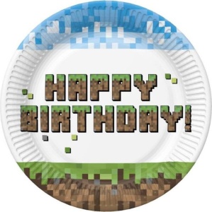 La mulți ani Pixel Block Farfurie de hârtie Happy Birthday, 8 buc, 22,7 cm
