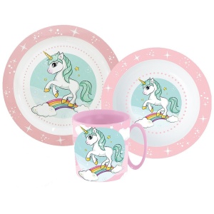 Unicorn Range set de masă, set micro din plastic cu cană de 350 ml