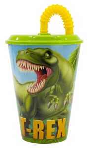 Dinozaur Pahar cu pai T-Rex, plastic, 430 ml