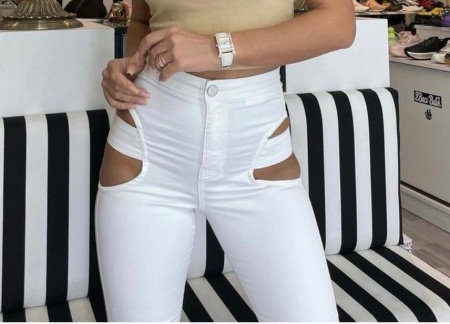 Blugi dama albi cu talie inalta si decupaj - Img 2
