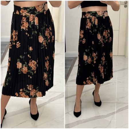 Fusta midi plisata cu flori rose