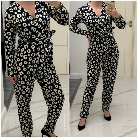 Salopeta lunga cu cordon in talie model animal print alb negru