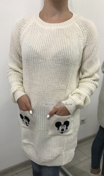 Pulover gros cu buzunare Mickey alb - Img 3