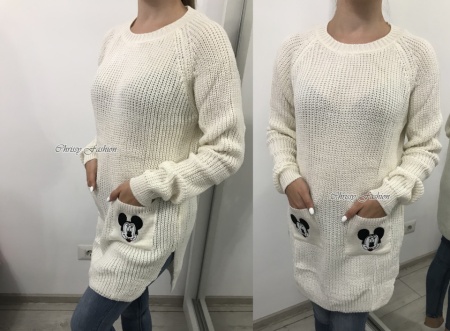 Pulover gros cu buzunare Mickey alb
