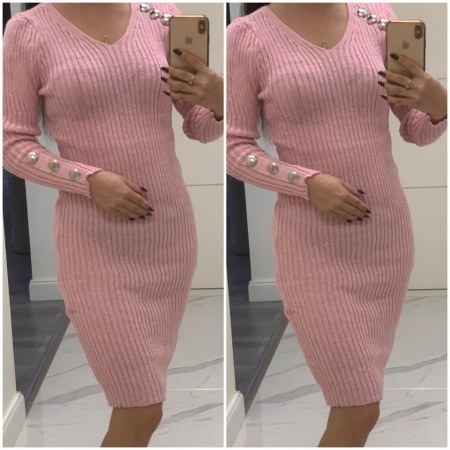 Rochie tricotata Dia cu nasturi pe mâneca roz