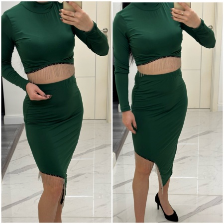 Compleu asimetric 2 piese top si fusta cu lantisoare verde