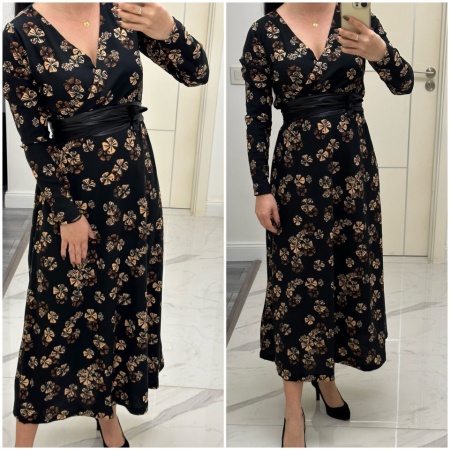 Rochie lunga cu decolteu in V, accesorizata cu centura din satin, floricele mari