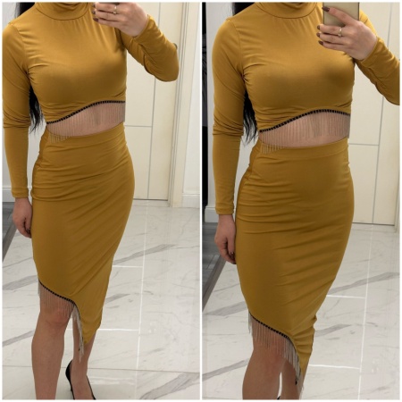 Compleu asimetric 2 piese top si fusta cu lantisoare galben mustar