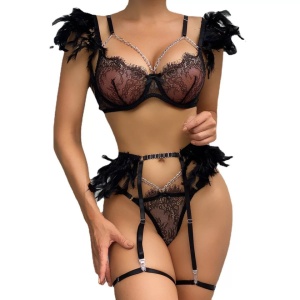 Set Lenjerie intima cu pene negru