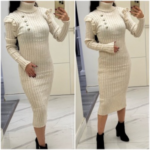 Rochie tricotata Cindy midi cu nasturi bej deschis