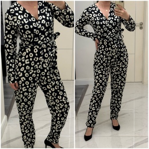 Salopeta lunga cu cordon in talie model animal print alb negru