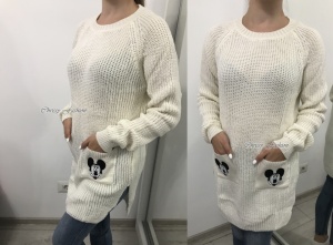 Pulover gros cu buzunare Mickey alb