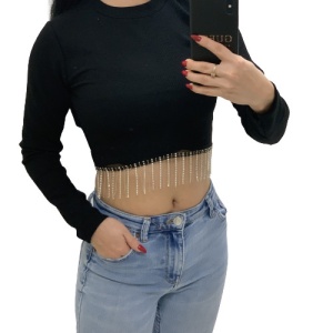 Top scurt cu strasuri negru Diamond