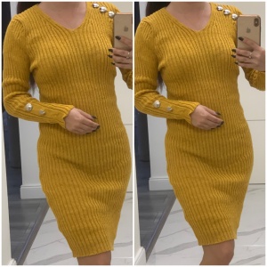 Rochie tricotata Dia cu nasturi pe mâneca galben muștar