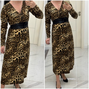 Rochie lunga cu decolteu in V, accesorizata cu centura din satin, animal print leopard