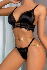 Set Lenjerie intima satinata cu accesoriu lantisor negru - Img 4