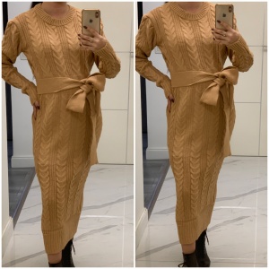 Rochie tricotata groasa Amira cu cordon bej capuccino