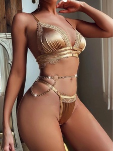 Set Lenjerie intima satinata cu accesoriu lantisor negru - Img 5