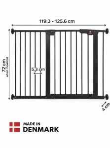 Prikaz dimenzija 119.3-125.6 cm i 7 ekstenzija za BabyDan Premier crnu ogradu