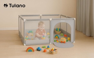 Ogradica za decu Tulano Cozy 20 130 cm – sa podlogom, metalna konstrukcija, sivo-bela - Img 3