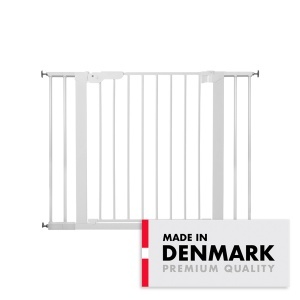 BabyDan Premier sigurnosna ogradica sa 4 produžetka 99–106.3 cm – bez bušenja (pressure fit), bela