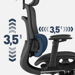 Prikaz podešavanja visine i dubine lumbalnog jastuka za 3.5 cm na Mark Adler Visioner 8.3 stolici