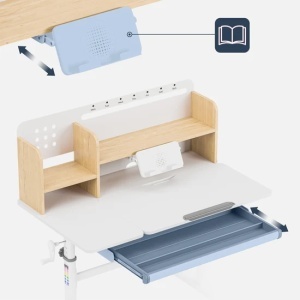Detaljni prikaz podesivog držača za knjige i tablete i izvlačne fioke na stolu Mark Adler Study 5.7 Wood