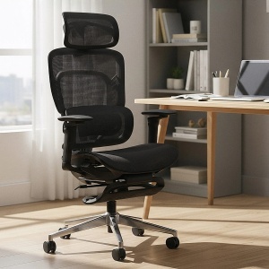 Mark Adler Visioner 8.3 Black radna stolica u modernoj kancelariji pored drvenog radnog stola