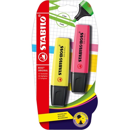 Textmarker Stabilo Boss Original, 2 culori/blister, galben, roz - Img 1