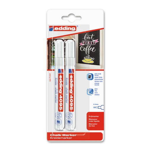 Marker Edding 4095 cu creta lichida, varf 2-3 mm, alb, 2 bucati/blister - Img 1