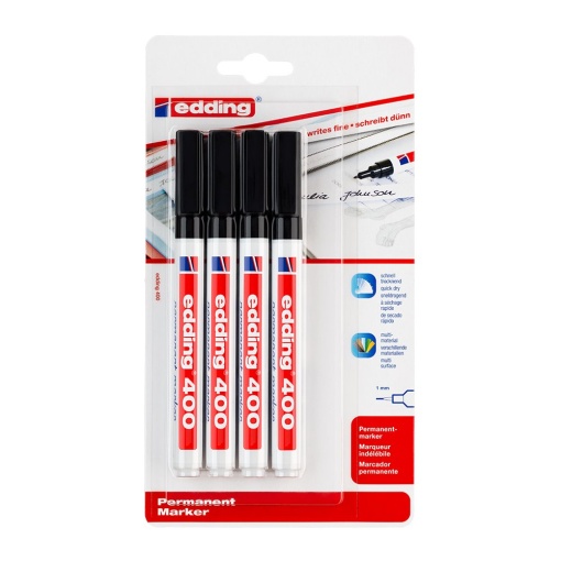 Marker permanent Edding 400, varf rotund 1 mm, negru, 4 bucati/blister - Img 1