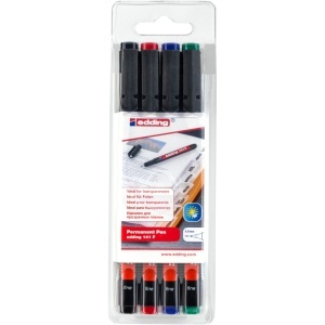 Set 4 markere permanente edding 141 F, corp plastic, varf rotund, 0.6 mm, culori asortate: negru, rosu, albastru, verde