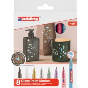 Marker edding 751 cu vopsea, corp metalic, varf rotund, 1-2 mm, set 8 culori: negru, alb, auriu, argintiu, albastru deschis metalizat, verde metalizat, violet metalizat, roz metalizat