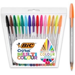 Set pixuri BIC Cristal Multicolours, 15 culori, varf 1.6 mm, scriere 1.0 mm