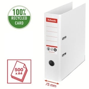Biblioraft Esselte No.1 Power Recycled, carton, 100% reciclat, reciclabil, certificare FSC, A4, 75 mm, alb