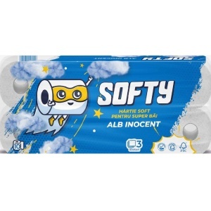 Hartie igienica Softy, 3 straturi, alba, 120 portii, 12 m, 10 role/set