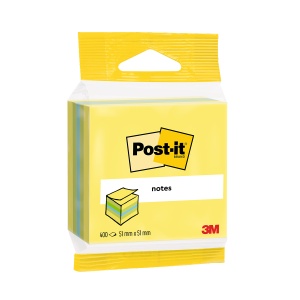Minicub notite adezive, Post-it, galben/verde, 51 x 51 mm, 400 file, 100% PEFC