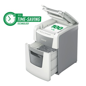 Distrugator documente automat Leitz IQ Small Office P4, crosscut 100 coli, cos 34l, alb/gri