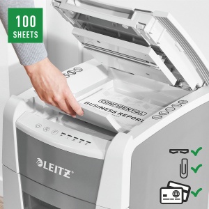 Distrugator documente automat Leitz IQ Small Office P4, crosscut 100 coli, cos 34l, alb/gri - Img 4
