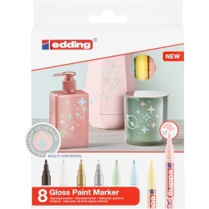 Set markere cu vopsea edding 751 Pastel, corp metalic, varf rotund, 1-2 mm, 8 culori: negru, alb, auriu, argintiu, galben pastel, verde pastel, roz pastel, albastru pastel