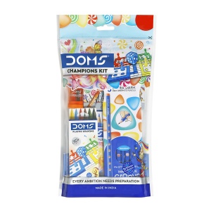 Set papetarie DOMS Champion Kit, 5 creioane neon, creioane colorate 12 culori, creioane cerate 12 culori, radiera, rigla 15 cm
