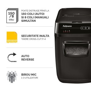 Distrugator Fellowes Automax 150c AUTO FEED CROSS CUT, negru, auto-reverse, sleep-mode - Img 2