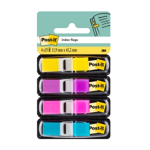 Index mini Post-it®, 11,9 mm x 43,2 mm, 4 culori asortate in dispenser, 24 file/culoare