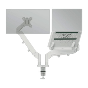Suport pentru monitor Leitz Ergo, 2 brate ajustabile si extensibile, cu fixare pe birou, suport pentru laptop inclus, gri-deschis