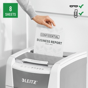 Distrugator documente automat Leitz IQ Small Office P4, crosscut 100 coli, cos 34l, alb/gri - Img 5